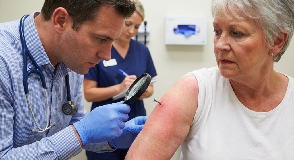 Consultation médicale pour examiner l'extrémité d'une broche métallique migrant à travers l'épiderme