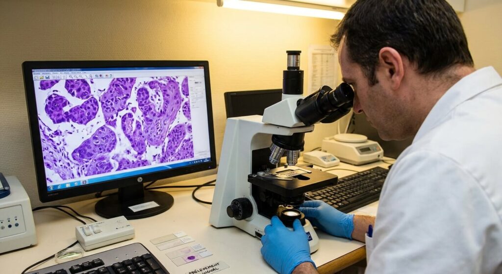 Observation microscopique des cellules tissulaires d'un prélèvement lingual par un médecin anatomopathologiste
