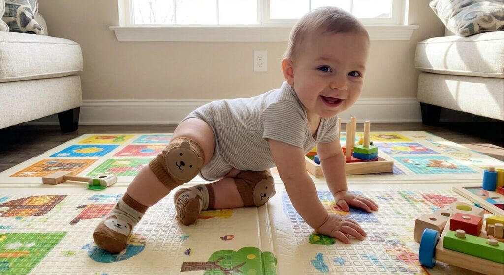 Bébé évoluant à quatre pattes sur un tapis de jeu avec des chaussettes protectrices