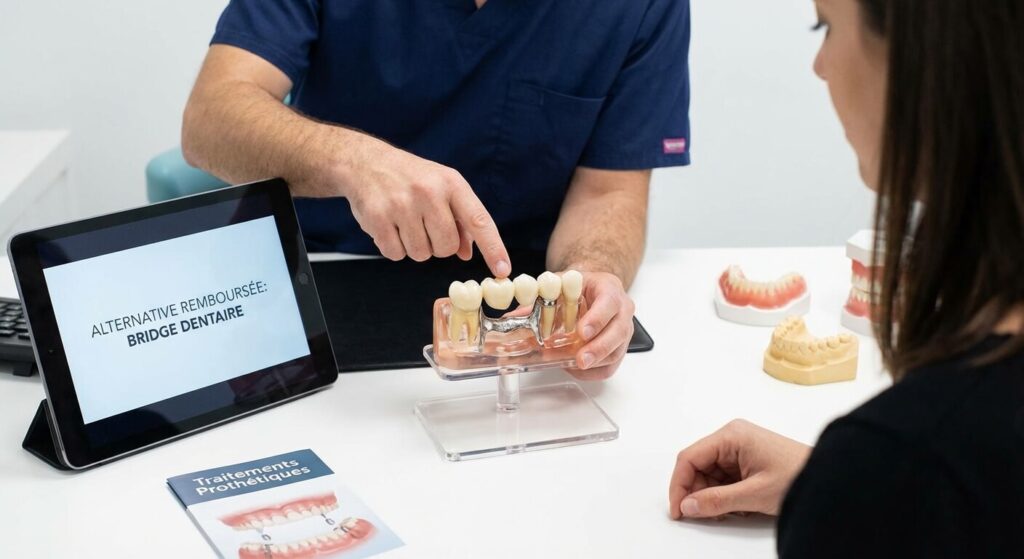 Maquette d'un bridge dentaire utilisé comme alternative remboursée à l'implant