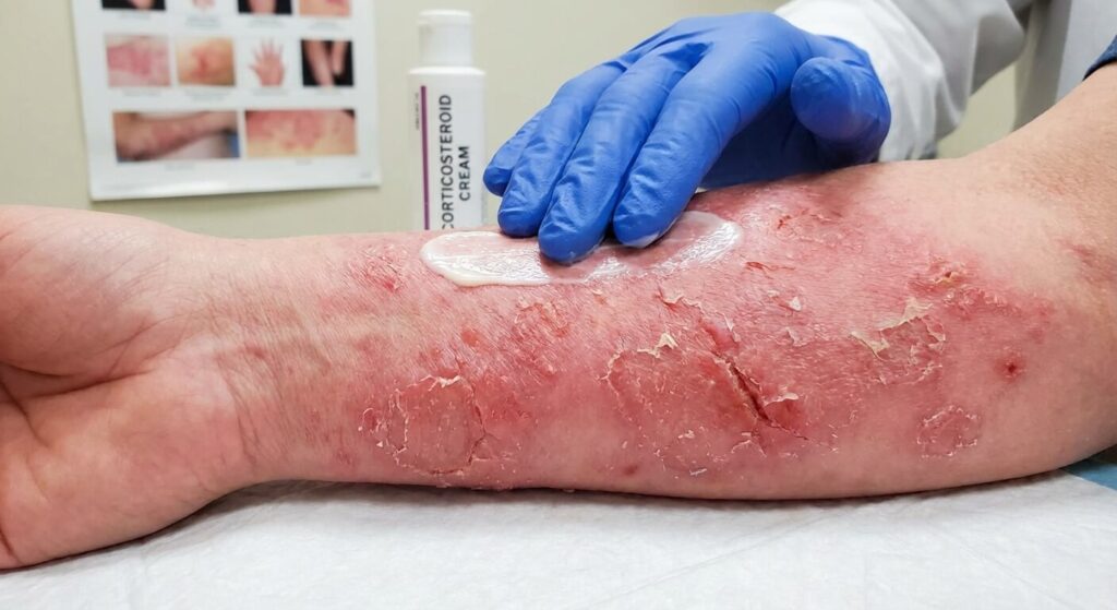 Rougeur sévère et desquamation de l'épiderme suite à l'application d'un produit asséchant trop agressif