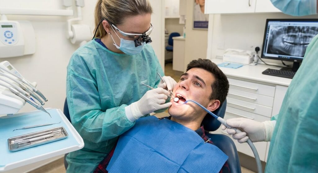 Un pansement dentaire tombé : Est-ce grave et comment réagir ? 3 Patient en consultation d'urgence chez le dentiste pour replacer une obturation temporaire sur une prémolaire