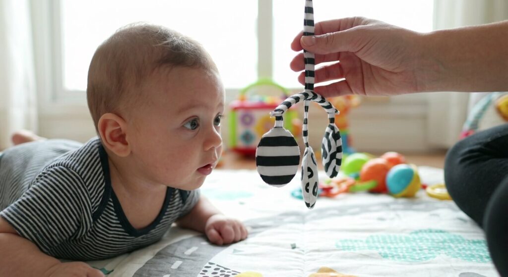 Nourrisson fixant attentivement un objet contrasté à courte distance pour stimuler son acuité visuelle