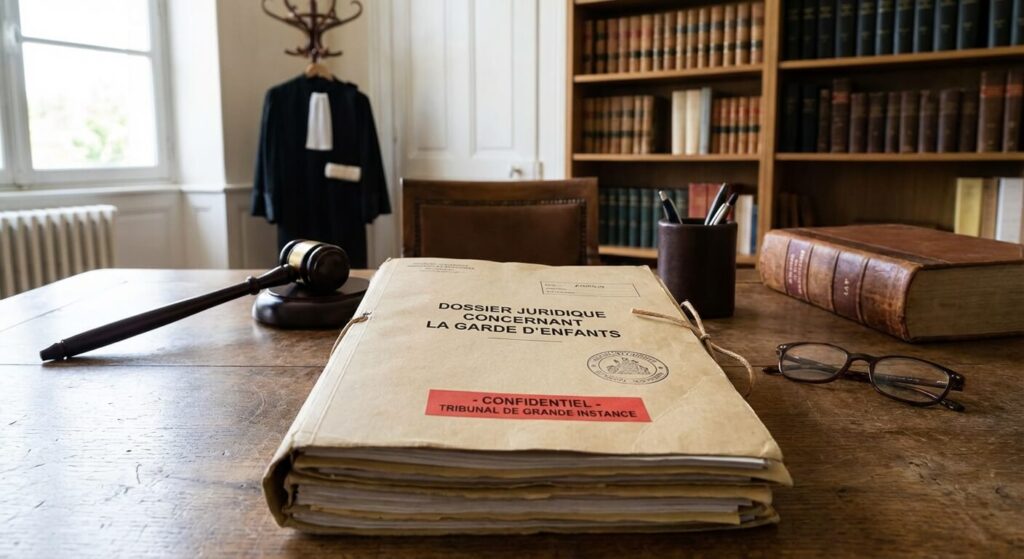 Dossier juridique concernant la garde d'enfants posé sur le bureau d'un magistrat