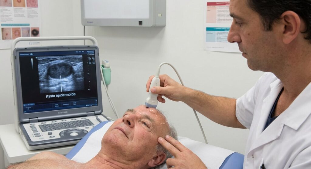 Échographie cutanée permettant d'analyser la nature d'une boule sous la peau du front