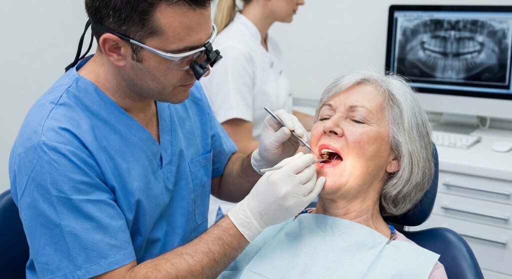 Poussée ou douleur d'une dent de sagesse à 70 ans : Explications et traitements 3 Stomatologue examinant avec précaution la gencive inflammatoire d'un patient senior souffrant d'une poussée dentaire tardive