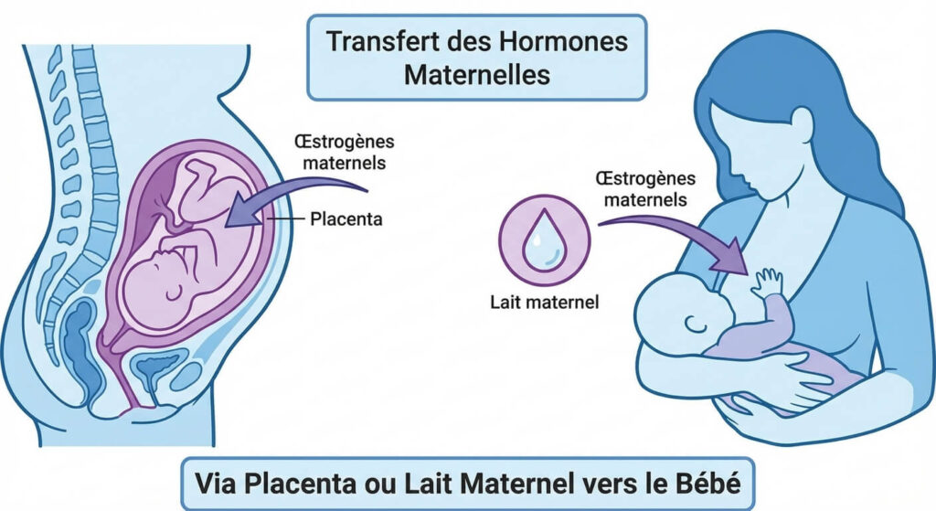 Schéma du transfert des hormones maternelles (œstrogènes) via le lait maternel ou le placenta vers le bébé