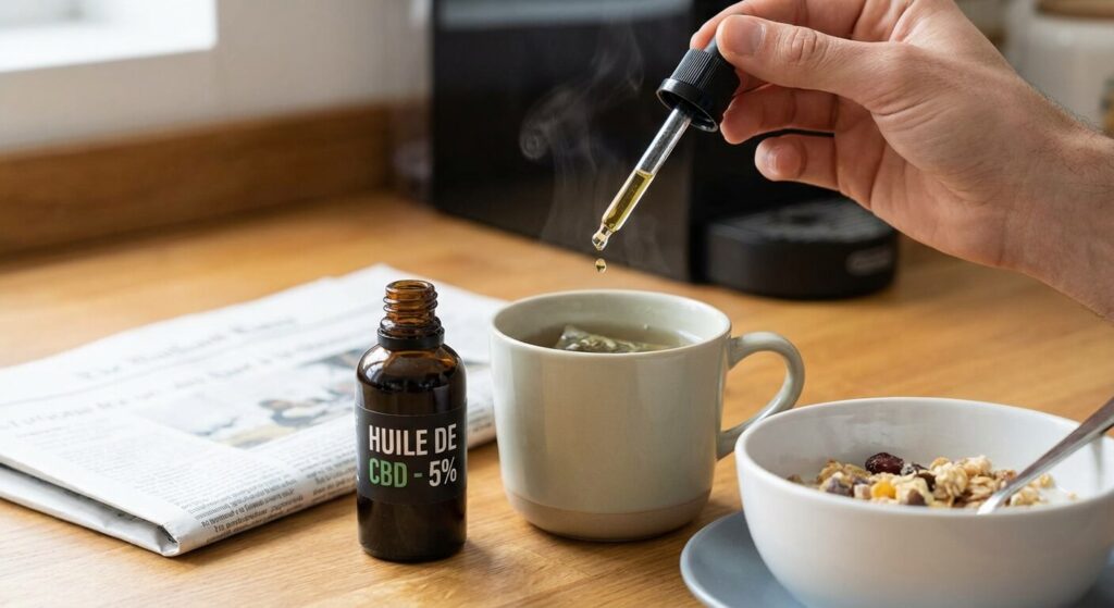 Un flacon d'huile de CBD avec sa pipette, illustrant une méthode courante d'intégration au quotidien.