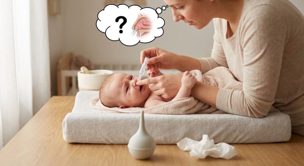 Nettoyage des cavités nasales d'un bébé avec du sérum physiologique, qui reste parfois inefficace si le blocage est plus profond