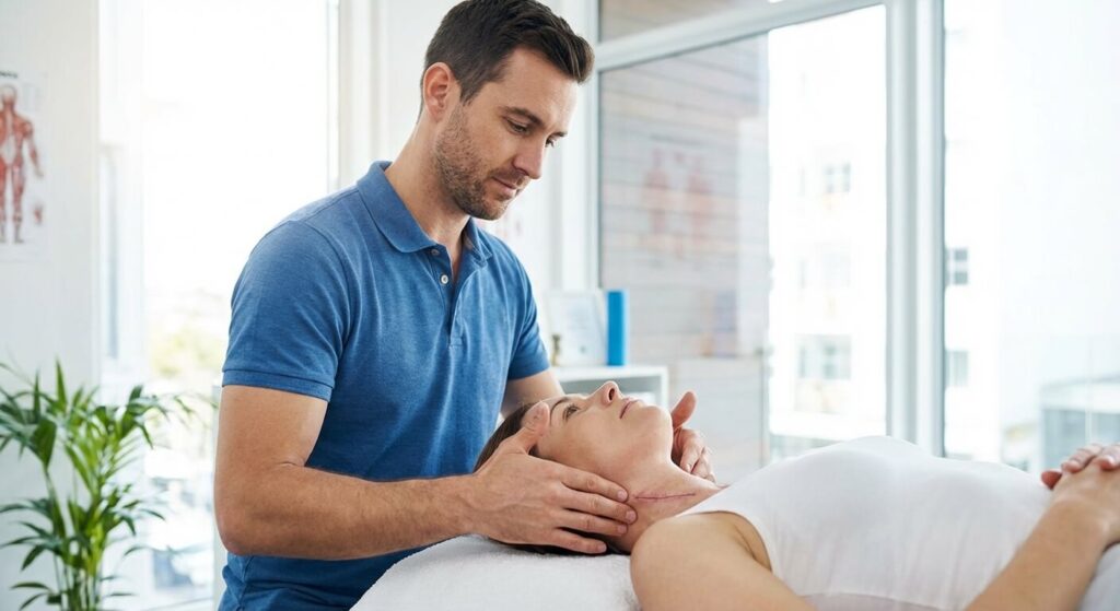 Kinésithérapeute effectuant un massage drainant doux sur une cicatrice du cou après une chirurgie d'ablation de la thyroïde