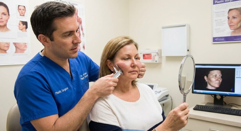 Chirurgien esthétique examinant le volume disproportionné des pommettes suite à un transfert de graisse autologue