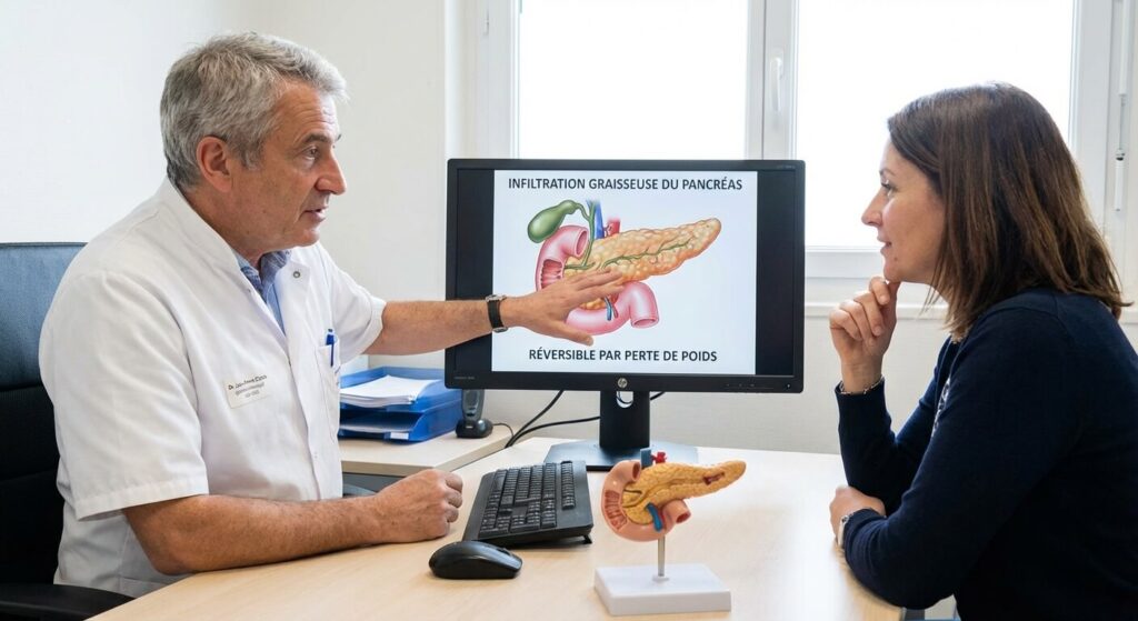 Gastro-entérologue expliquant l'importance de la perte de poids pour inverser l'infiltration graisseuse du pancréas