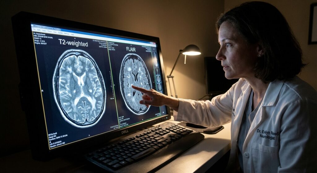 Hypersignal T2 inflammatoire à l'IRM : Comprendre votre compte-rendu 3 Médecin neurologue analysant avec précision les séquences T2 et FLAIR sur un écran de contrôle