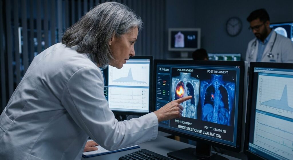 Au bout de combien de temps la chimio fait-elle effet sur la tumeur ? 3 Médecin oncologue analysant les images d'un PET-Scan pour vérifier la diminution de la masse tumorale