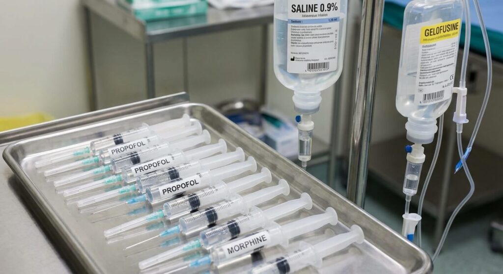 Rougeur du visage après une opération : Causes anesthésiques et cutanées 3 Seringues et poches de perfusion utilisées en anesthésie, souvent responsables de la libération d'histamine