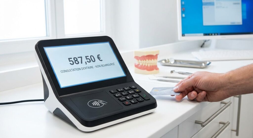 Dentiste non conventionné : Tarifs et remboursements expliqués 3 Terminal de paiement affichant le montant élevé d'une consultation dentaire non remboursée