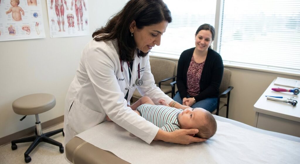 Pédiatre examinant le tonus musculaire cervical et la mobilité de la tête d'un nourrisson en consultation