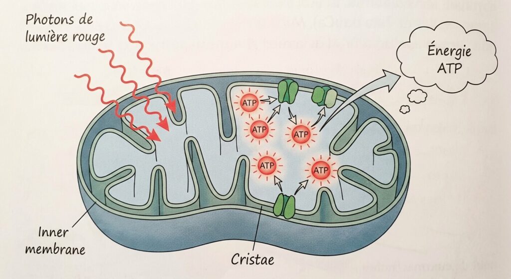 Schéma explicatif de l'activation des mitochondries par les photons rouges
