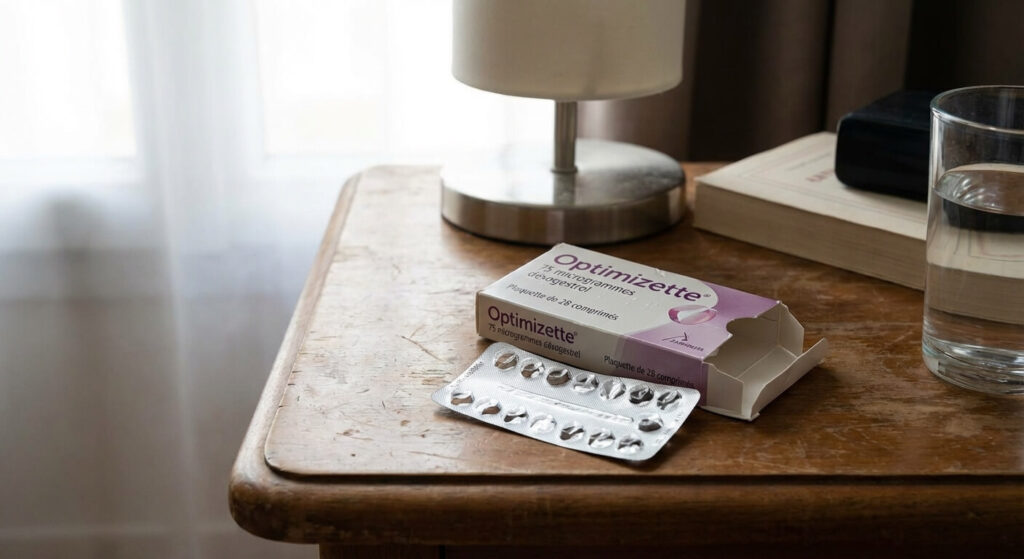 Plaquette vide de pilules contraceptives progestatives Optimizette posée sur une table de chevet