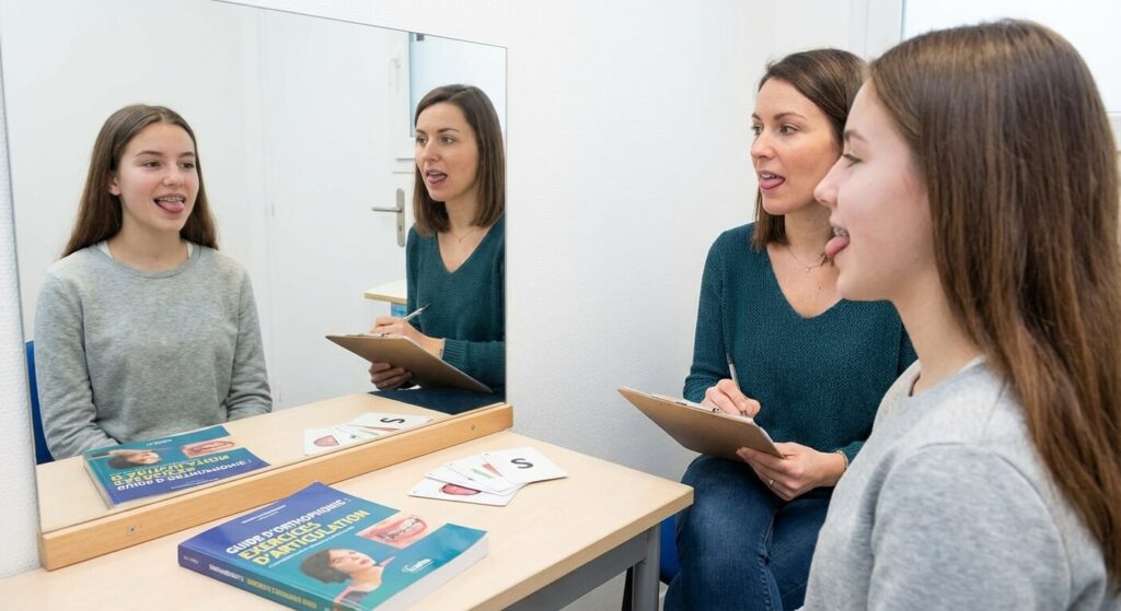 Exercices d'orthophonie et d'articulation devant un miroir pour corriger le zozotement lié au port d'un appareil orthodontique