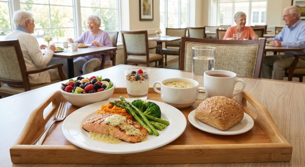 Un plateau repas équilibré et appétissant servi dans le restaurant d'un établissement pour seniors.