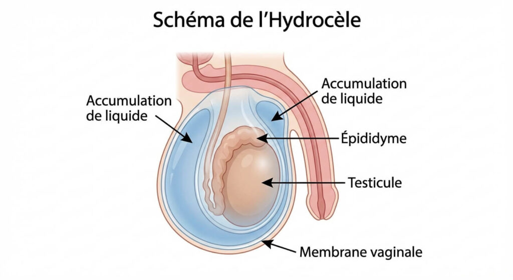 Grosseur après l'opération d'une hydrocèle : Évolution ou complication ? 3 Schéma médical illustrant l'accumulation de liquide dans la membrane vaginale enveloppant le testicule