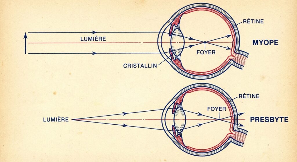 Schéma optique illustrant la convergence de la lumière sur la rétine chez un patient myope et presbyte