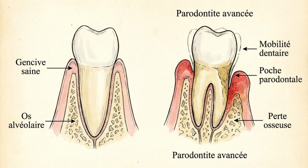 Schéma médical de la parodontite illustrant la perte de l'os alvéolaire causant la mobilité de la dent