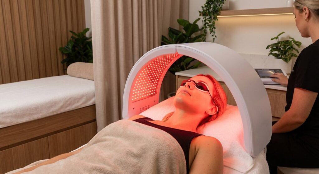 Une femme recevant un soin de photobiomodulation par LED rouge sur le visage pour stimuler la régénération de la peau.