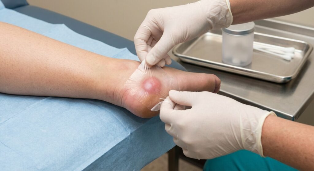 Application d'un pansement protecteur stérile sur une verrue gonflée après une séance de cryothérapie