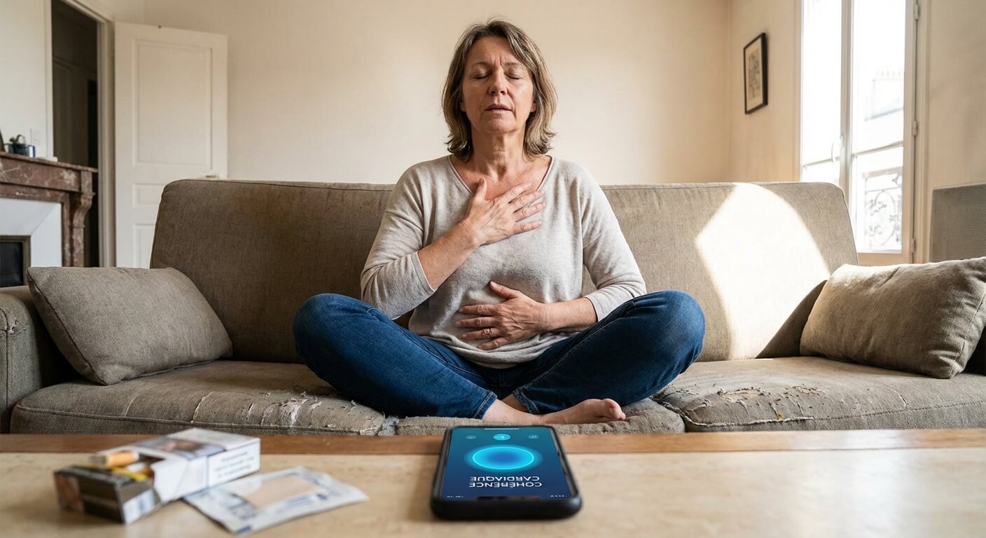 Une personne pratiquant la cohérence cardiaque pour calmer l'anxiété liée au manque de nicotine.