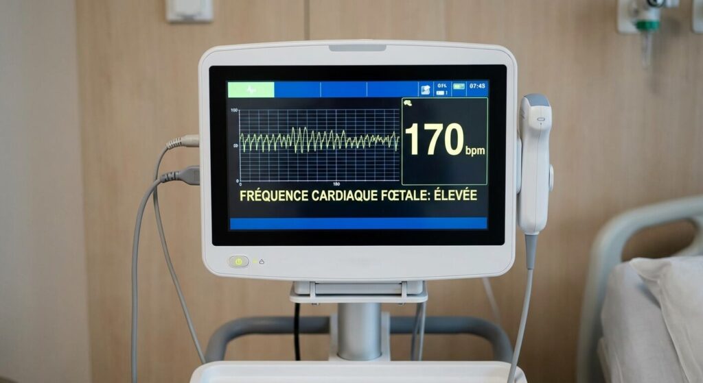 Monitoring fœtal montrant une fréquence cardiaque élevée sur l'écran de l'appareil