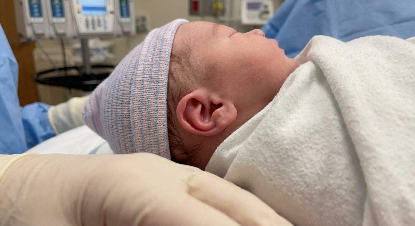 Nouveau-né avec le pavillon de l'oreille légèrement replié vers l'avant juste après l'accouchement