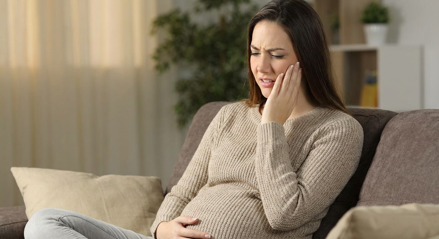 Femme enceinte souffrant d'une douleur dentaire aiguë et se tenant la joue