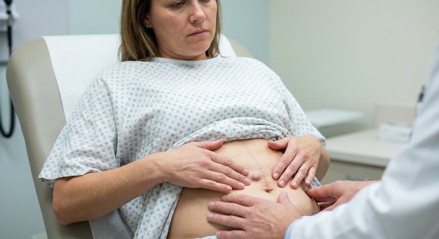 Patient palpant une petite boule dure apparue sous une cicatrice de chirurgie abdominale