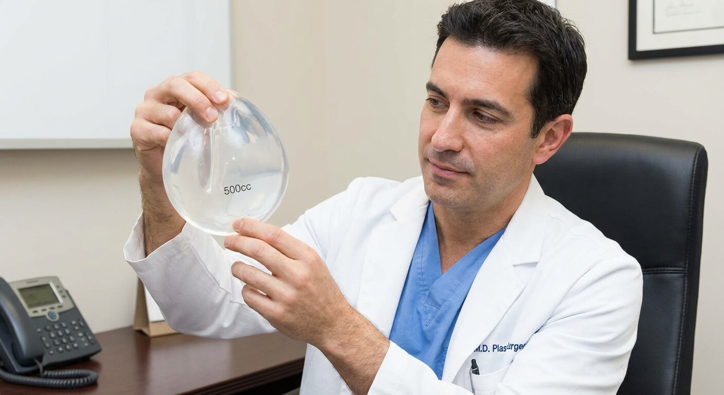 Chirurgien esthétique tenant une prothèse en silicone de 500cc pour illustrer son volume