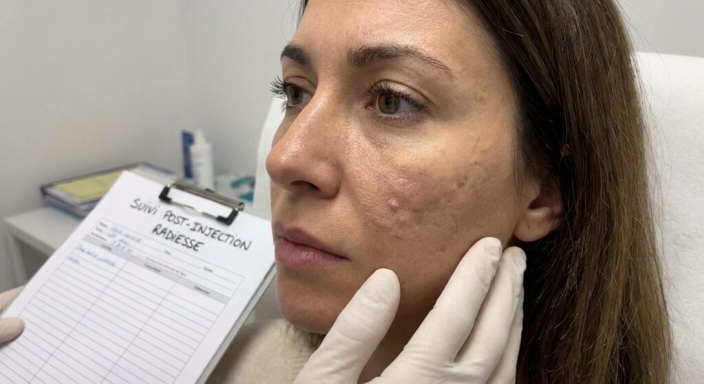 Patiente présentant des irrégularités et des boules après une injection de Radiesse dans les joues