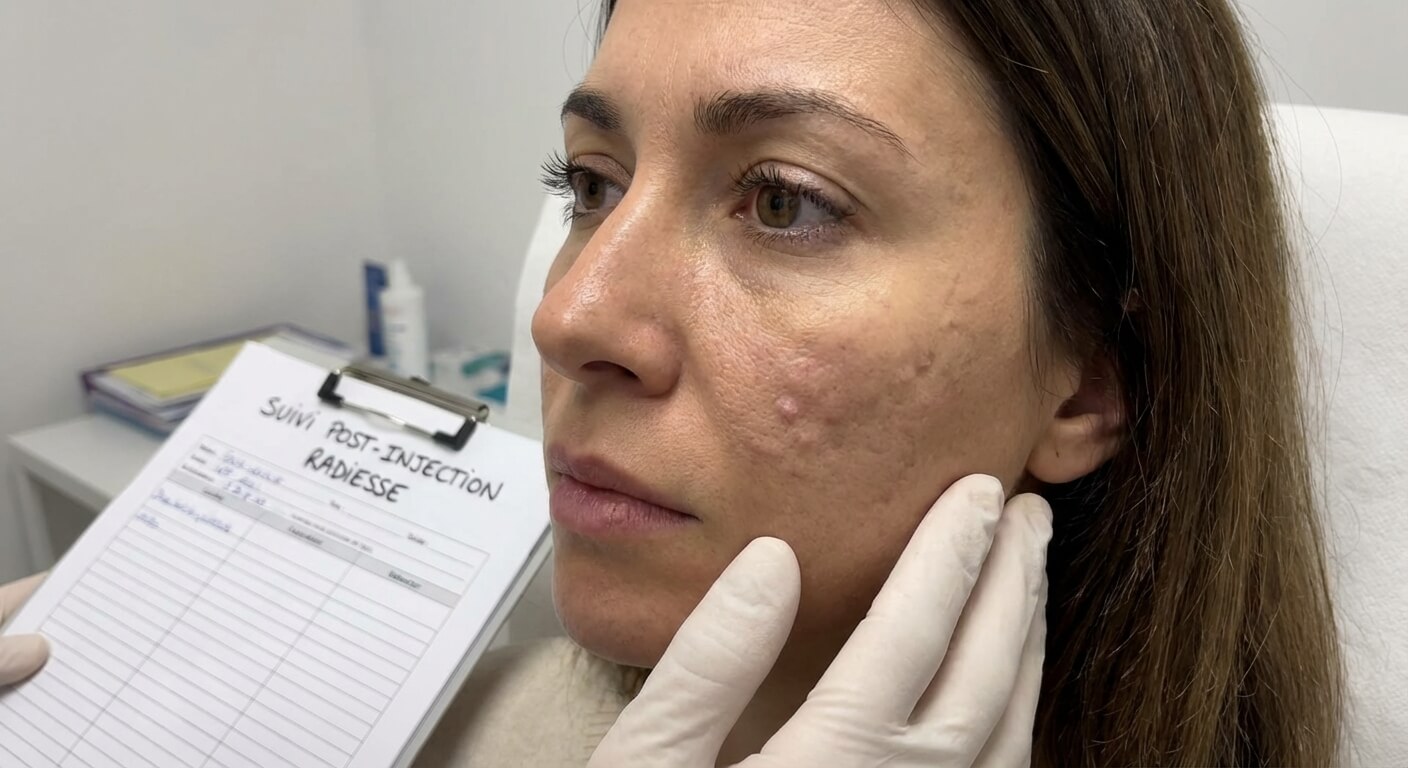 Patiente présentant des irrégularités et des boules après une injection de Radiesse dans les joues