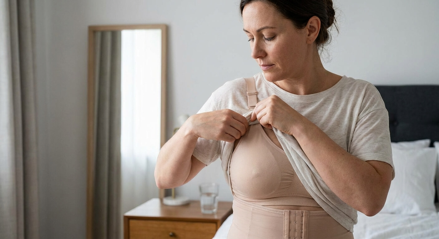 Femme ajustant son contenseur mammaire après une augmentation mammaire