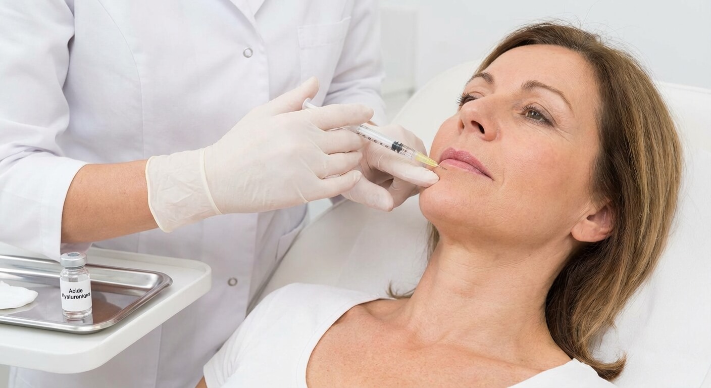 Injection d'acide hyaluronique pour combler le pli horizontal entre la lèvre et le menton