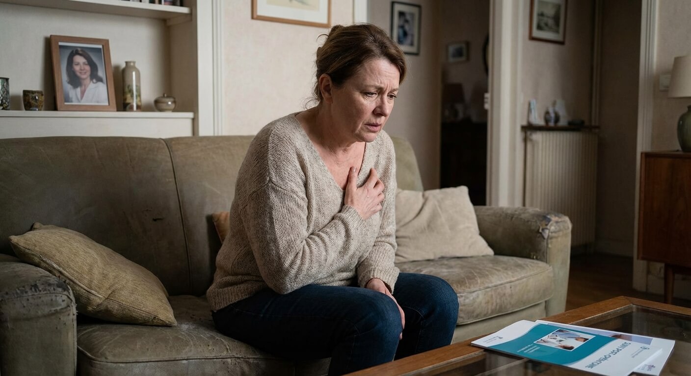 Femme ressentant une douleur au sein plusieurs années après une augmentation mammaire