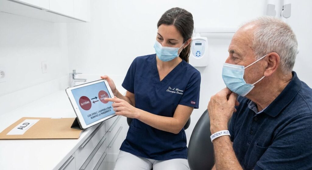 Chirurgien-dentiste expliquant le lien entre glycémie et santé gingivale à un patient en ALD