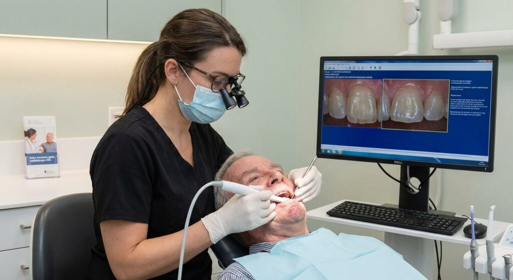 Dentiste examinant l'émail fragilisé d'un patient ayant subi une radiothérapie ORL