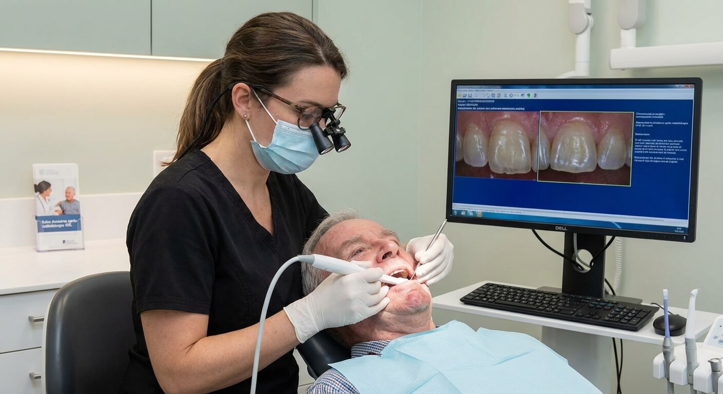 Dentiste examinant l'émail fragilisé d'un patient ayant subi une radiothérapie ORL