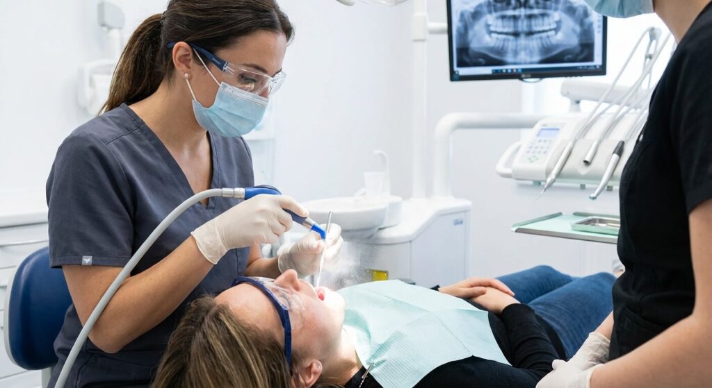 Dentiste utilisant un aéropolisseur pour éliminer les taches et le biofilm dentaire