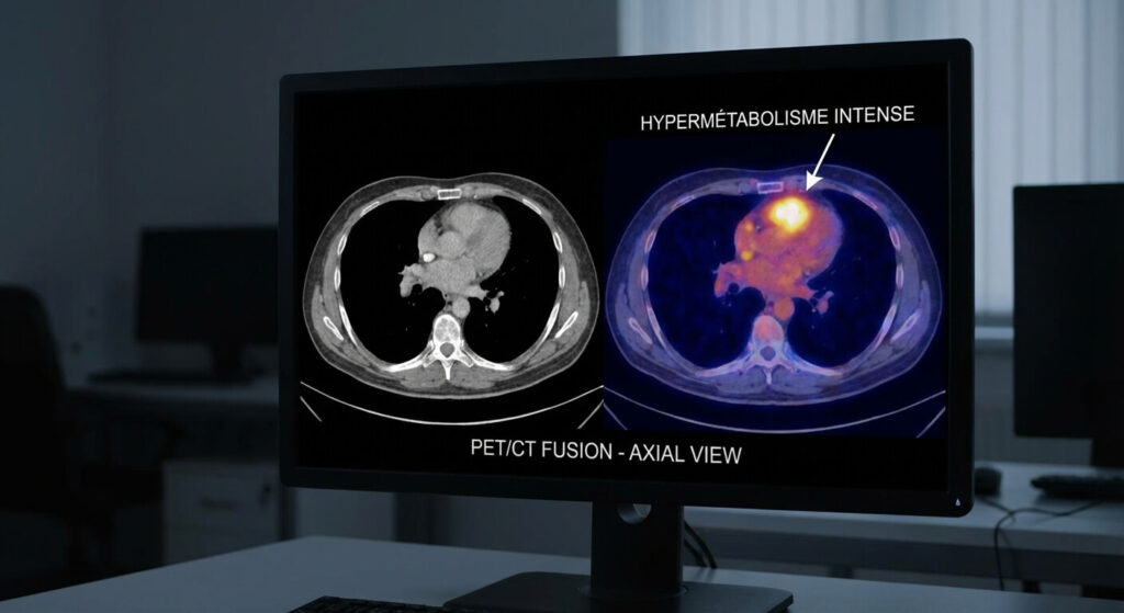 Hypermétabolisme au PET scan : définition, causes et interprétation 2 Résultat de PET scan montrant une zone d'hypermétabolisme intense (point brillant)