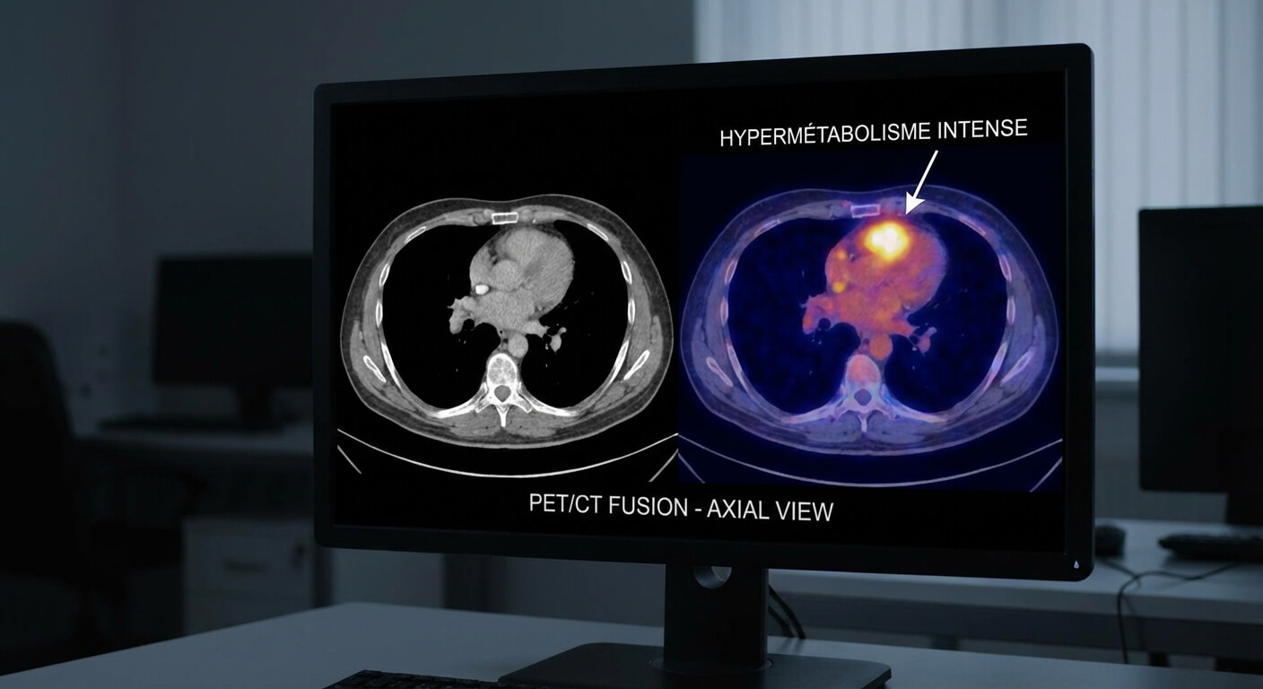 Résultat de PET scan montrant une zone d'hypermétabolisme intense (point brillant)