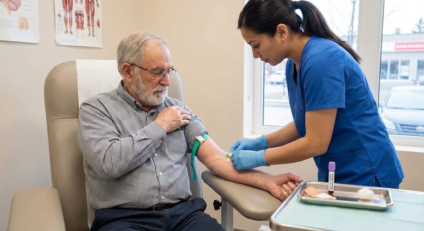 Personne âgée effectuant une prise de sang pour le dosage de l'antigène prostatique spécifique (PSA)