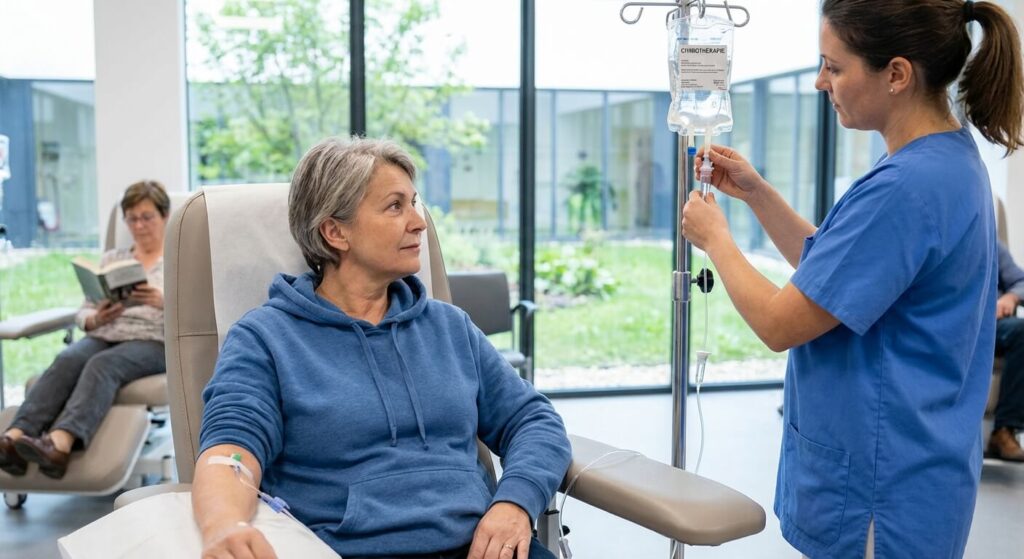 Patient en hôpital de jour recevant sa première perfusion de chimiothérapie