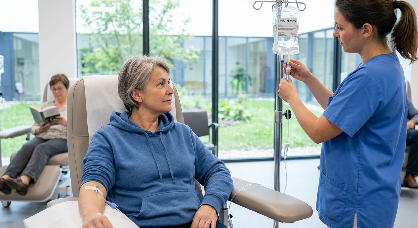 Patient en hôpital de jour recevant sa première perfusion de chimiothérapie
